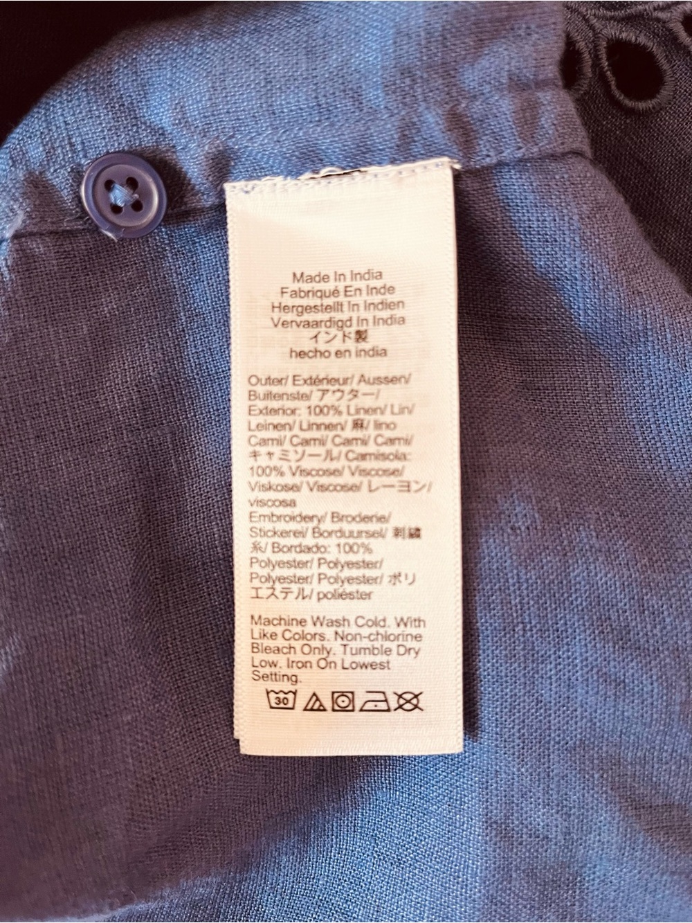 Womens Blue Linen  Eyelet Cutout Button-Up Blouse - Picture 3 of 11